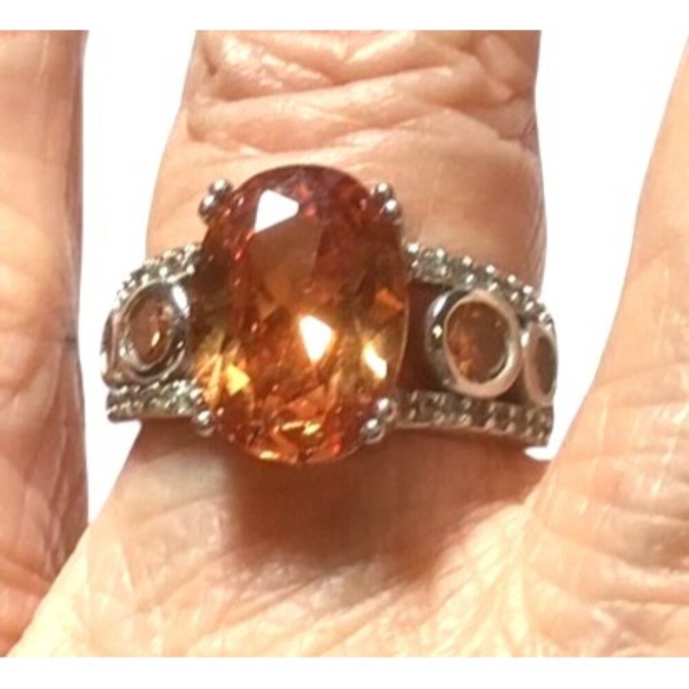 Ring Vintage-Style Oval Citrine & Clear Crystal Silver Intricate Filigree Sz10.5